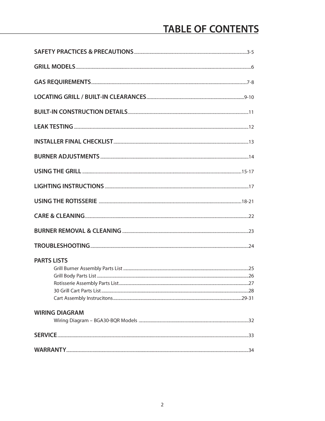 DCS BGB30-BQR manual Table of Contents 