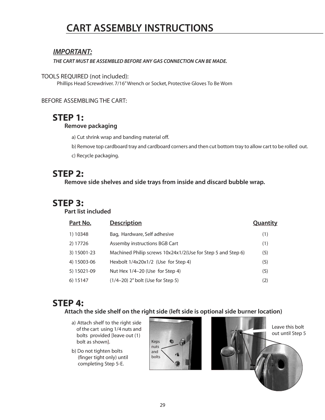 DCS BGB30-BQR manual Cart Assembly Instructions, Tools Required not included, Before Assembling the Cart, Remove packaging 