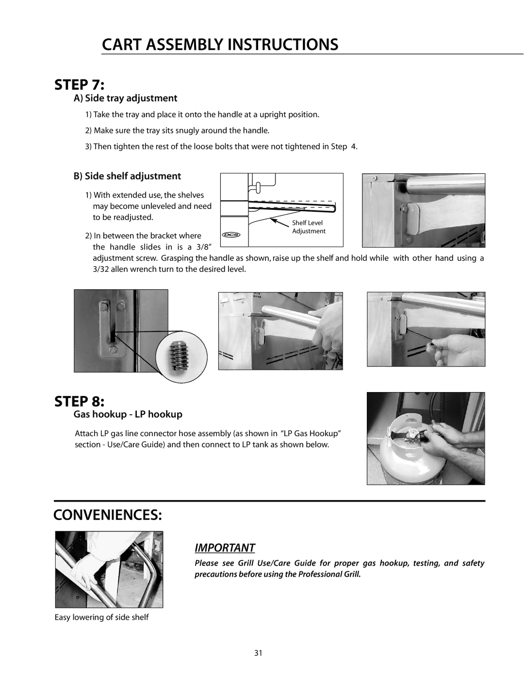 DCS BGB30-BQR manual Side tray adjustment, Side shelf adjustment, Gas hookup LP hookup 