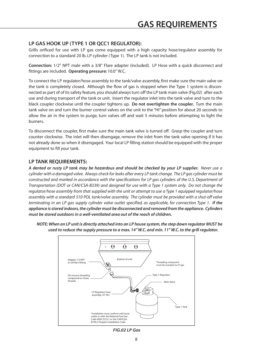 DCS BGB30-BQR manual LP GAS Hook UP Type 1 or QCC1 Regulator, LP Tank Requirements 