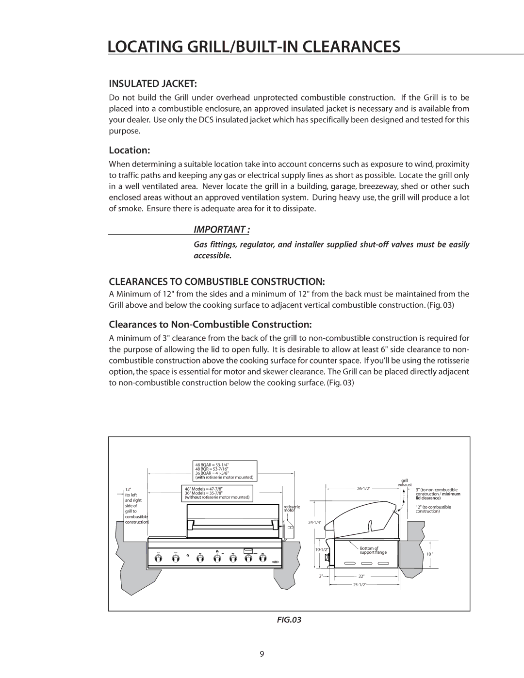 DCS BGB36-BQAR Locating GRILL/BUILT-IN Clearances, Insulated Jacket, Location, Clearances to Combustible Construction 