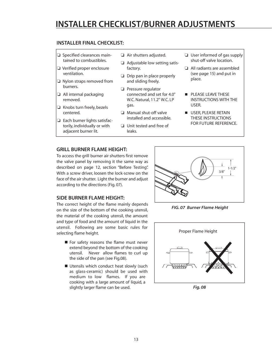 DCS BGB36-BQAR manual Installer CHECKLIST/BURNER Adjustments, Installer Final Checklist, Grill Burner Flame Height 