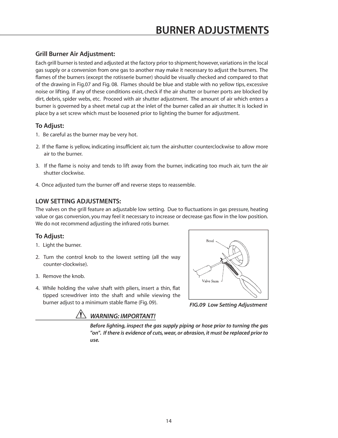 DCS BGB36-BQAR manual Burner Adjustments, Grill Burner Air Adjustment, To Adjust, LOW Setting Adjustments 