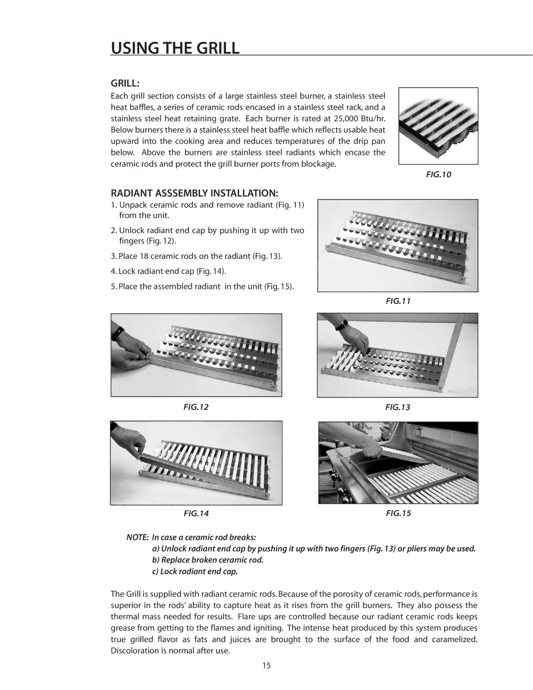 DCS BGB36-BQAR manual Using the Grill, Radiant Asssembly Installation 