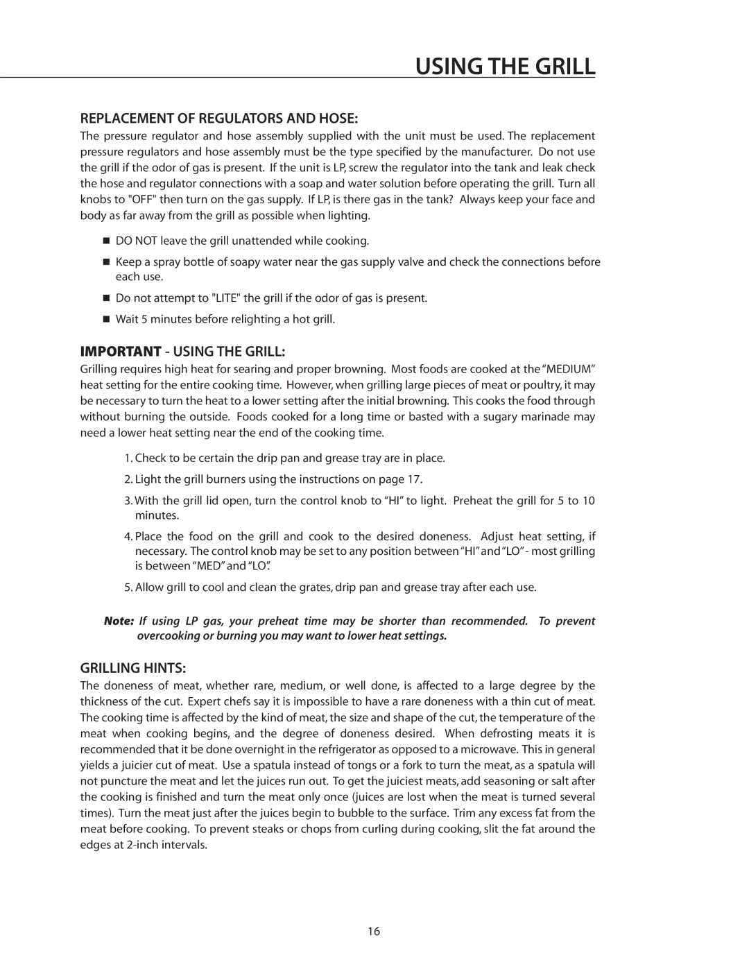 DCS BGB36-BQAR manual Replacement of Regulators and Hose, Important Using the Grill, Grilling Hints 