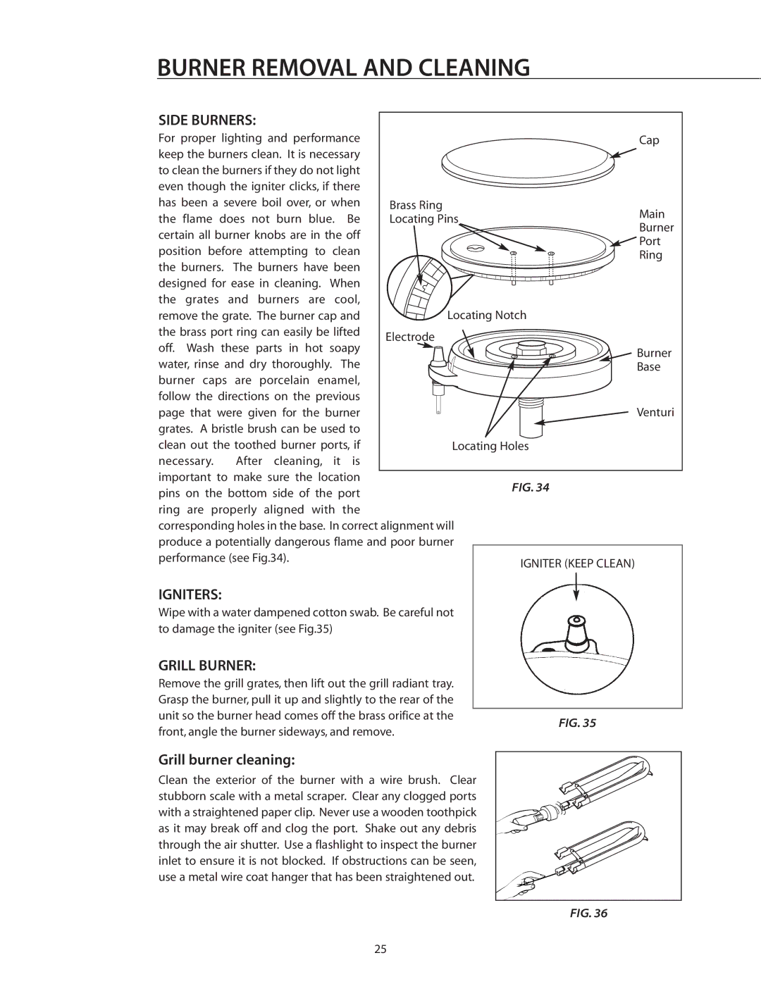 DCS BGB36-BQAR manual Burner Removal and Cleaning, Side Burners, Igniters, Grill Burner, Grill burner cleaning 