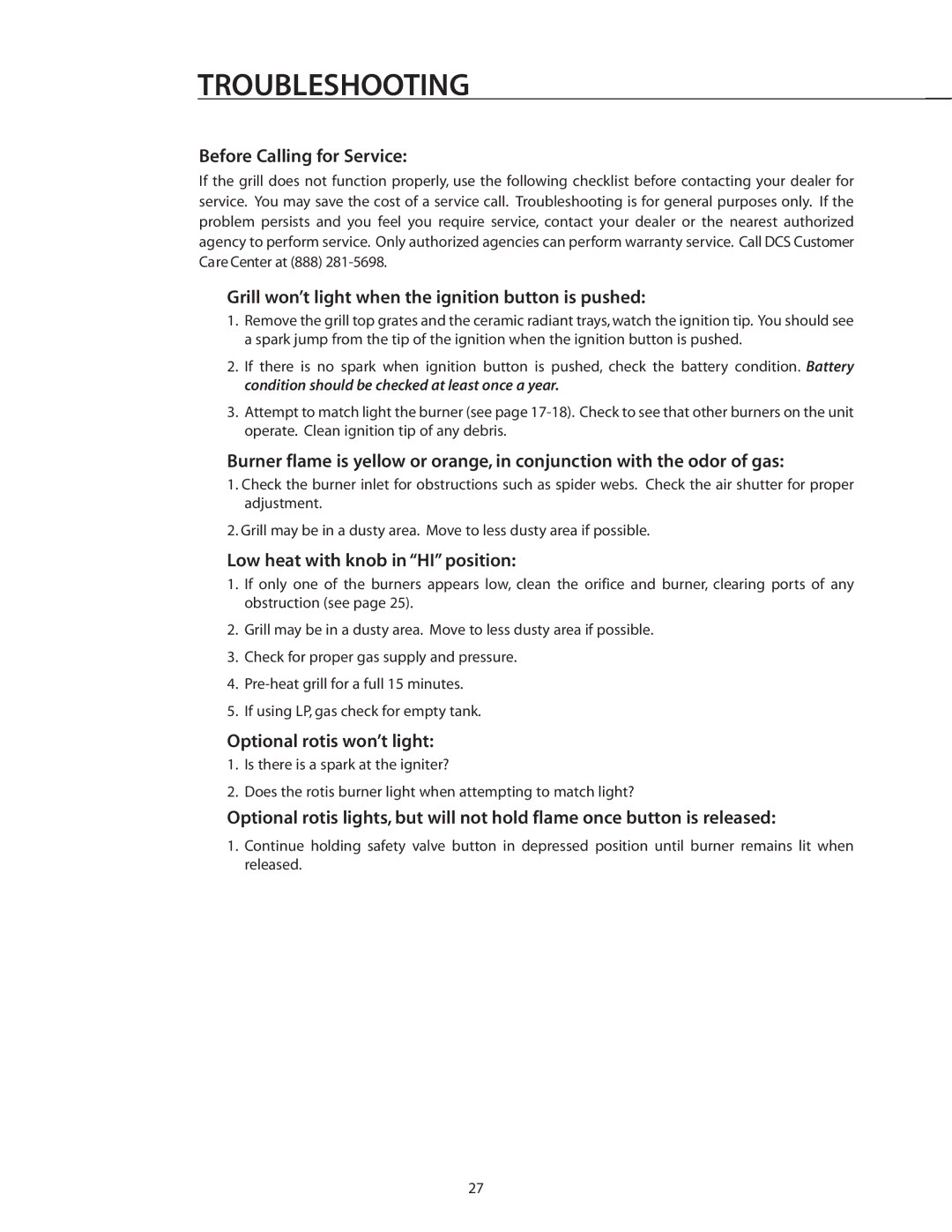 DCS BGB36-BQAR manual Troubleshooting, Before Calling for Service, Grill won’t light when the ignition button is pushed 