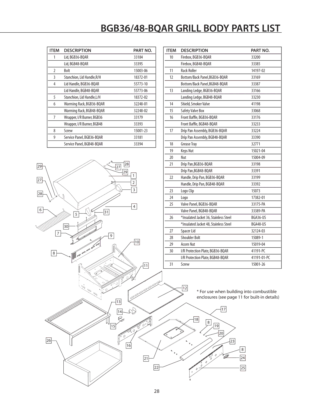 DCS BGB36-BQAR manual BGB36/48-BQAR Grill Body Parts List, Description 