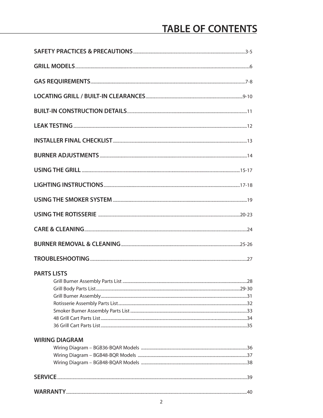 DCS BGB36-BQAR manual Table of Contents 