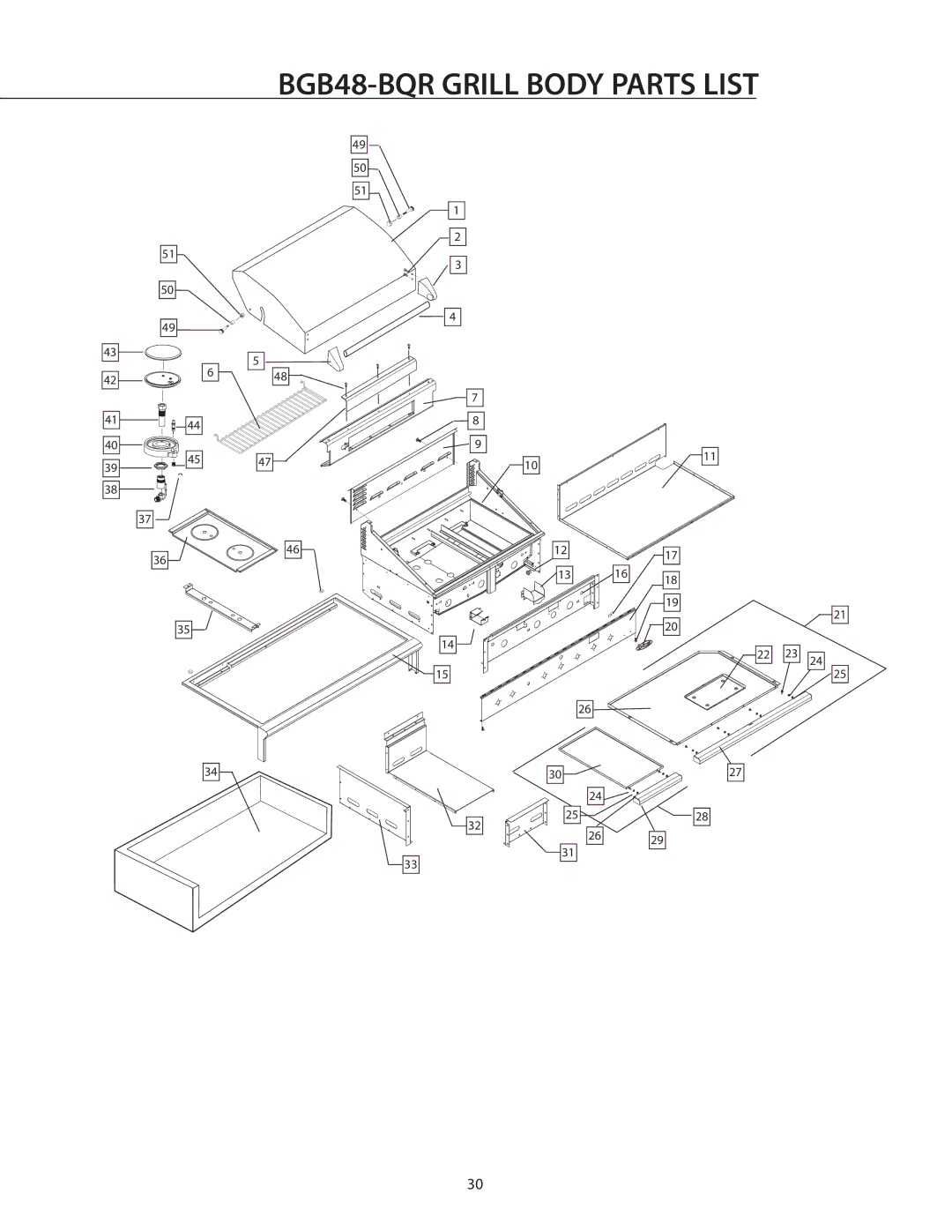 DCS BGB36-BQAR manual BGB48-BQR Grill Body Parts List 