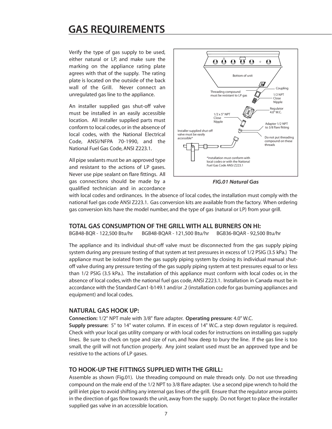 DCS BGB36-BQAR manual GAS Requirements, Total GAS Consumption of the Grill with ALL Burners on HI, Natural GAS Hook UP 