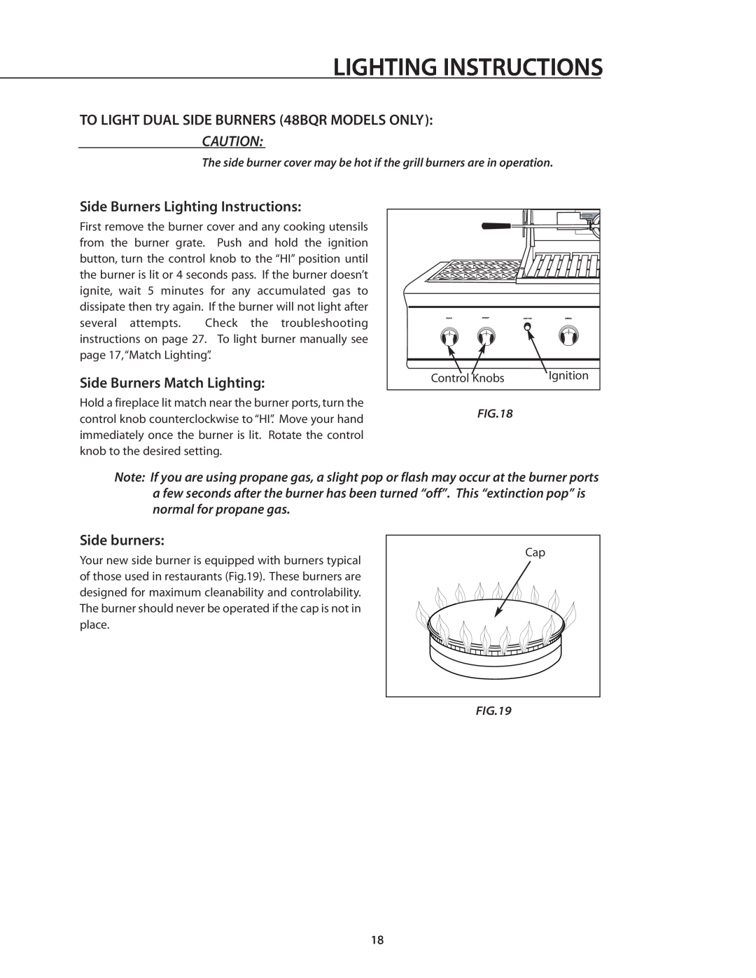 DCS BGB36-BQAR manual TO LIGHT DUAL SIDE BURNERS 48BQR MODELS ONLY, Side Burners Lighting Instructions, Side burners 