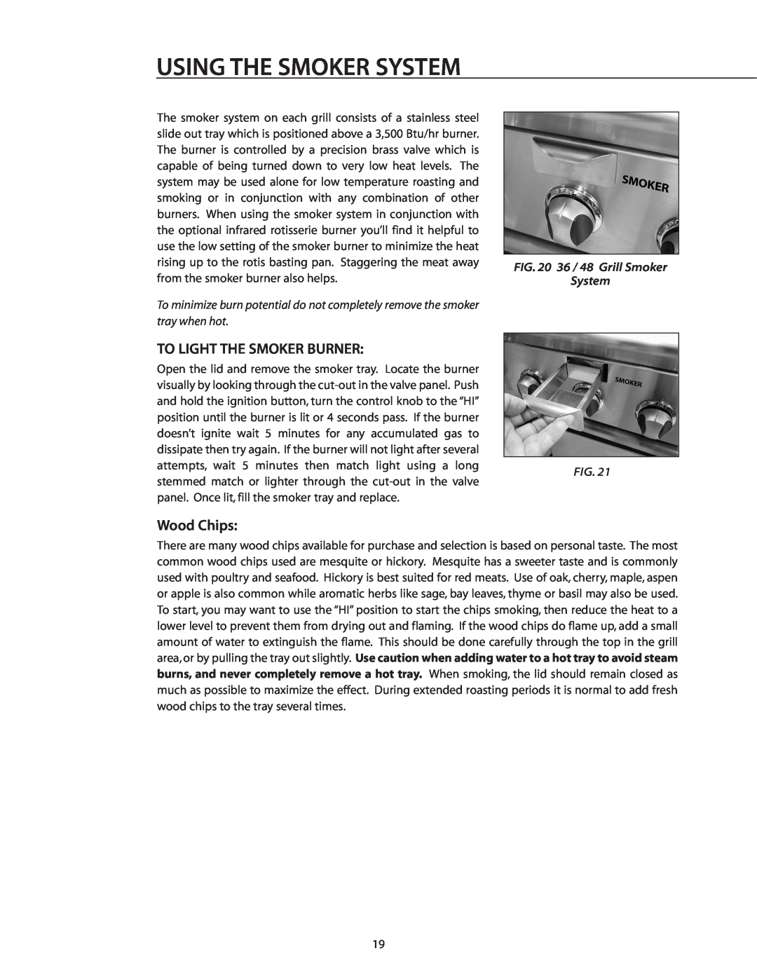 DCS BGB36-BQAR manual Using The Smoker System, To Light The Smoker Burner, Wood Chips, 36 / 48 Grill Smoker System 