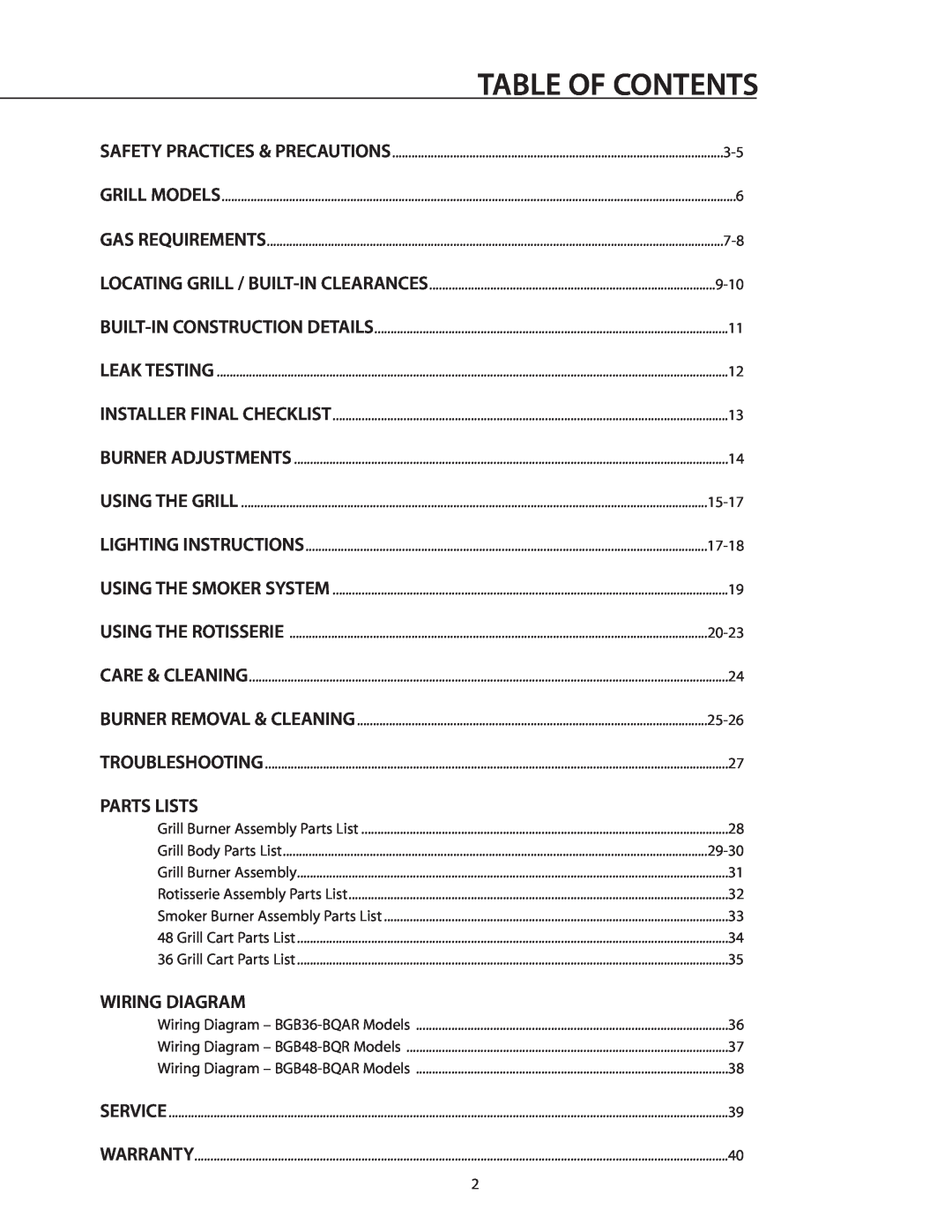 DCS BGB36-BQAR manual Parts Lists, Wiring Diagram, Table Of Contents 