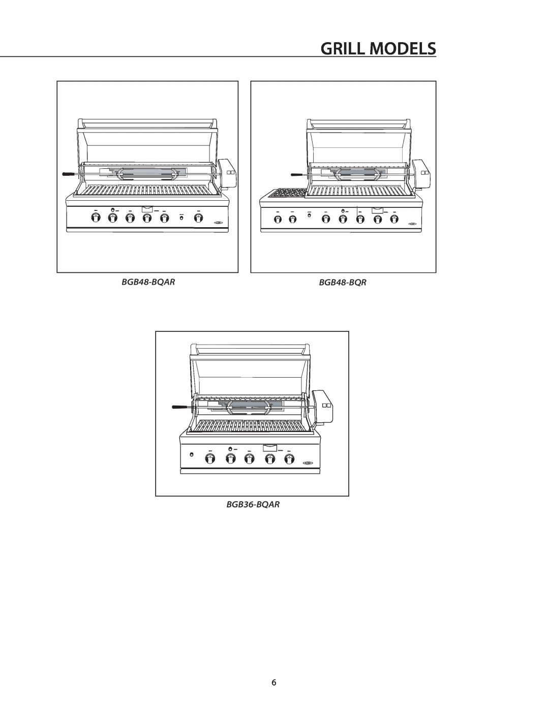 DCS BGB36-BQAR manual Grill Models, BGB48-BQAR, BGB48-BQR 
