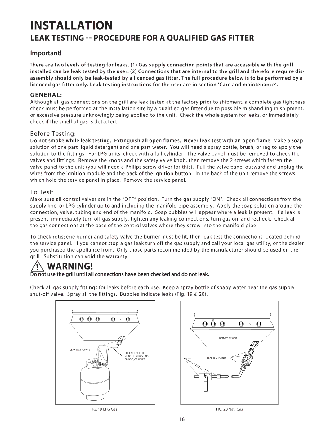 DCS BGB48, BGB36 installation instructions Leak Testing -- Procedure for a Qualified GAS Fitter, Before Testing, To Test 