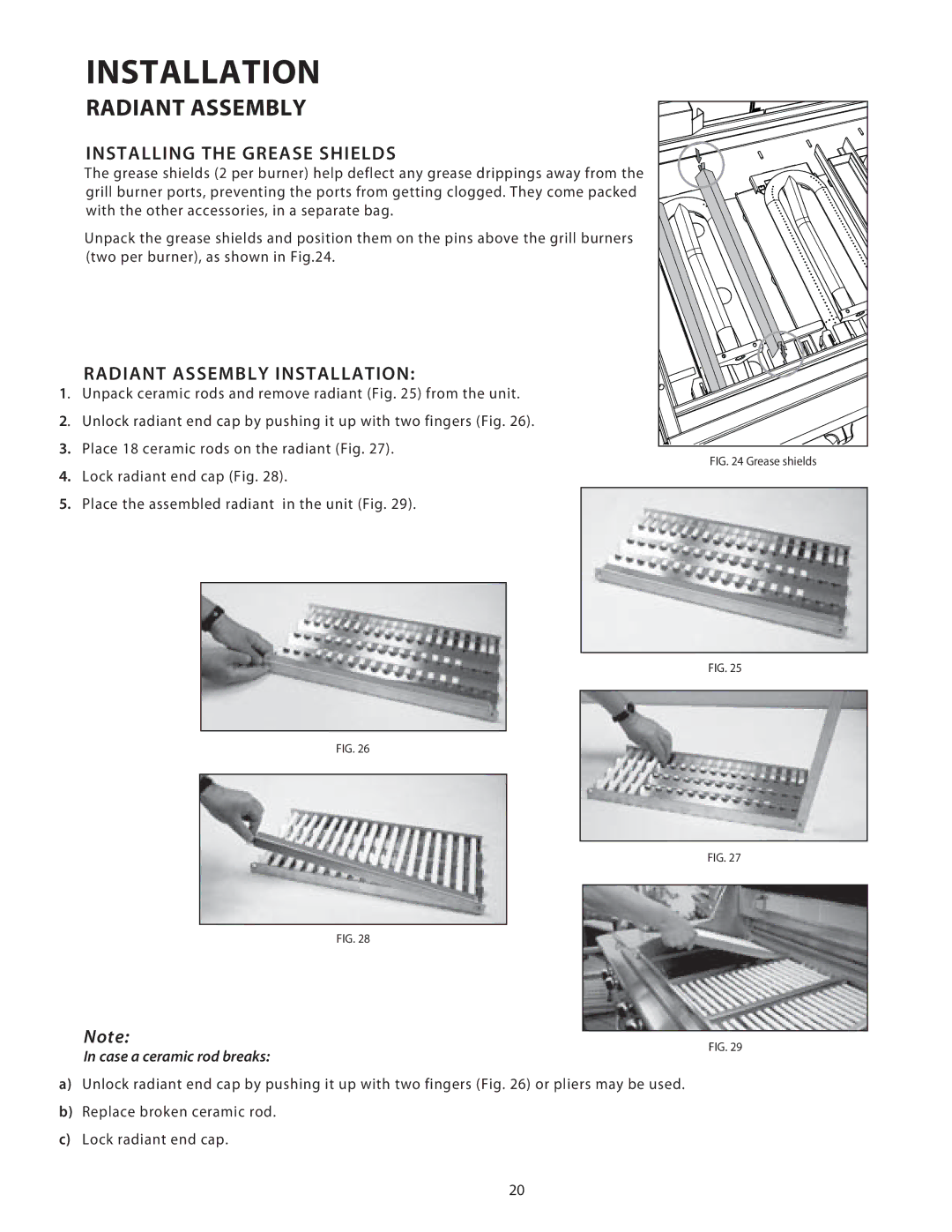 DCS BGB48, BGB36 installation instructions Installing the Grease Shields, Radiant Assembly Installation 