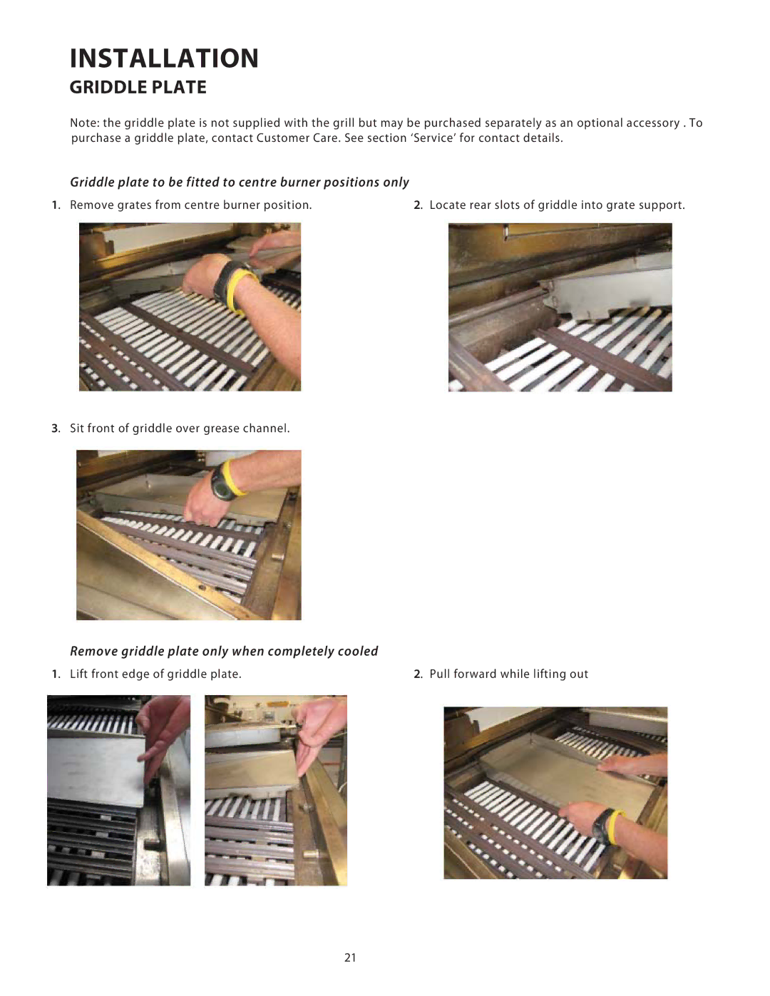 DCS BGB36, BGB48 installation instructions Griddle Plate, Griddle plate to be fitted to centre burner positions only 