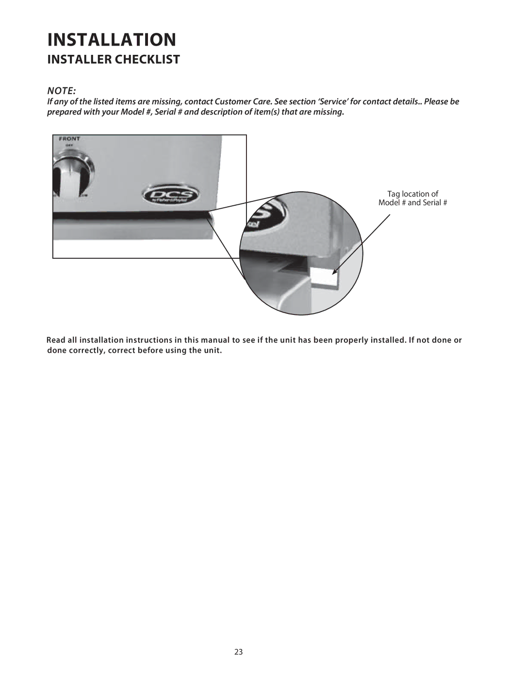 DCS BGB36, BGB48 installation instructions Tag location Model # and Serial # 