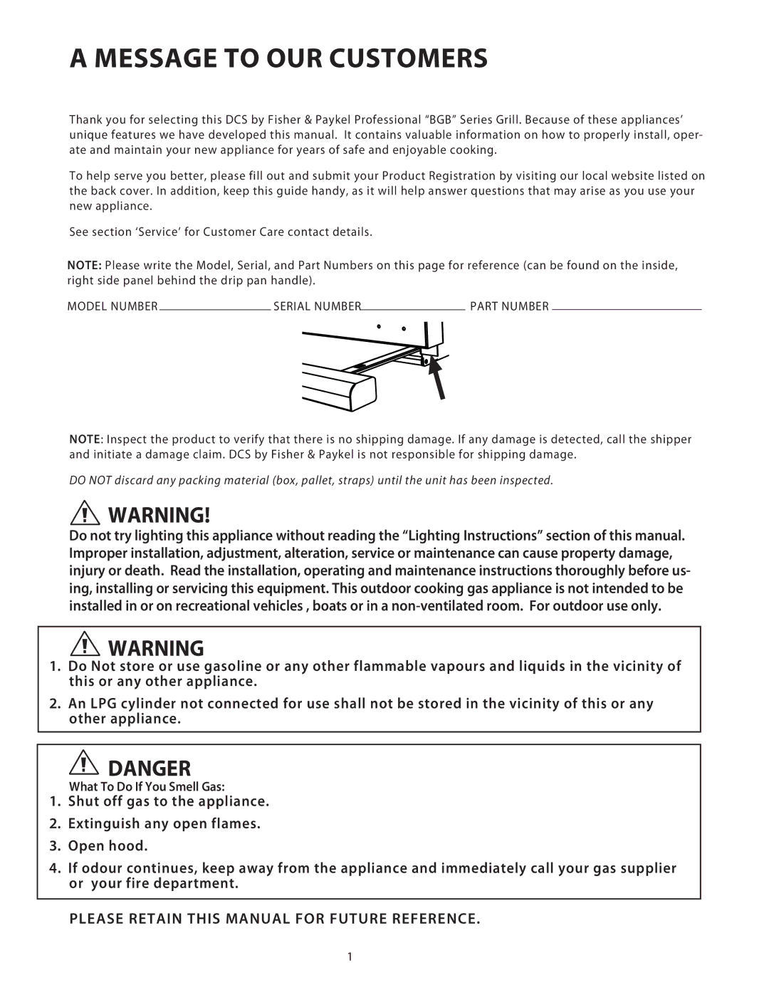 DCS BGB36, BGB48 installation instructions Message to OUR Customers, Please Retain this Manual for Future Reference 