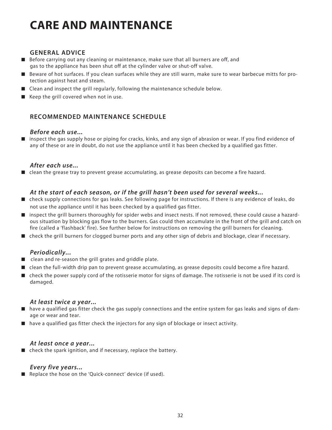 DCS BGB48, BGB36 installation instructions Care and Maintenance, General Advice, Recommended Maintenance Schedule 