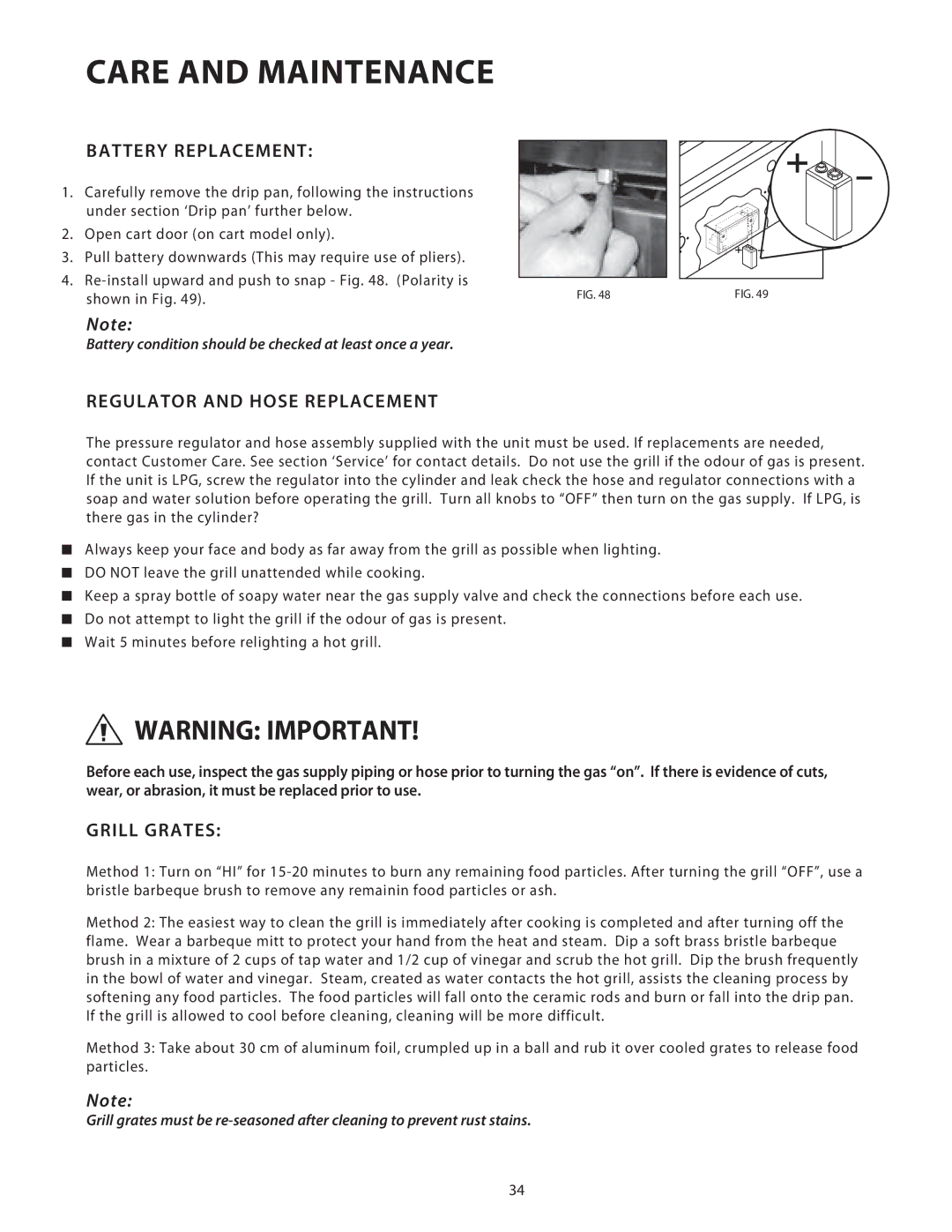 DCS BGB48, BGB36 installation instructions Battery Replacement, Regulator and Hose Replacement, Grill Grates 