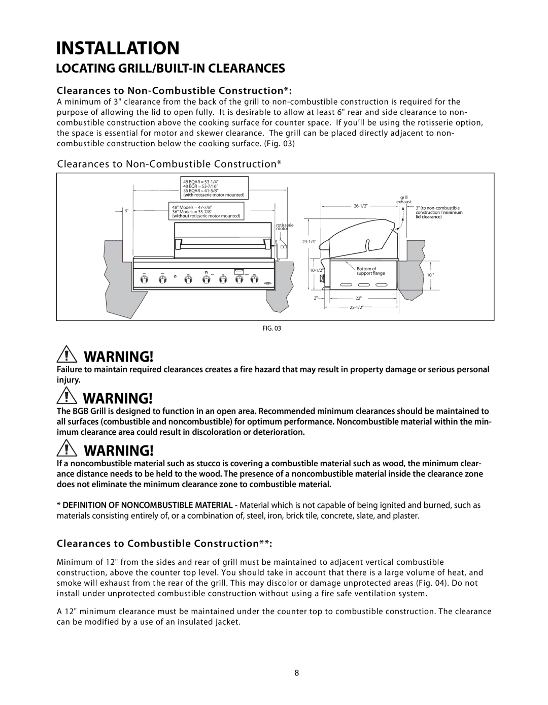 DCS BGB48-BQR, BGB48-BQAR manual Clearances to Non-Combustible Construction 