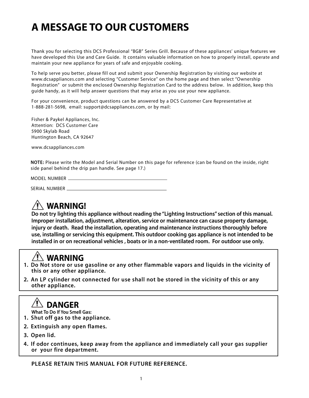 DCS BGB48-BQAR, BGB48-BQR manual Message to OUR Customers, Please Retain this Manual for Future Reference 