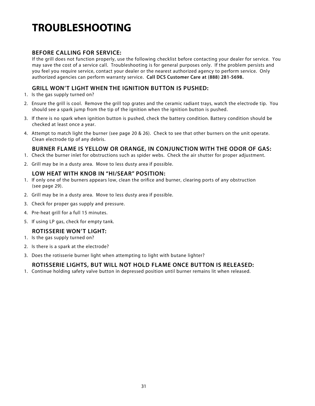 DCS BGB48-BQAR manual Troubleshooting, Before Calling for Service, Grill WON’T Light When the Ignition Button is Pushed 