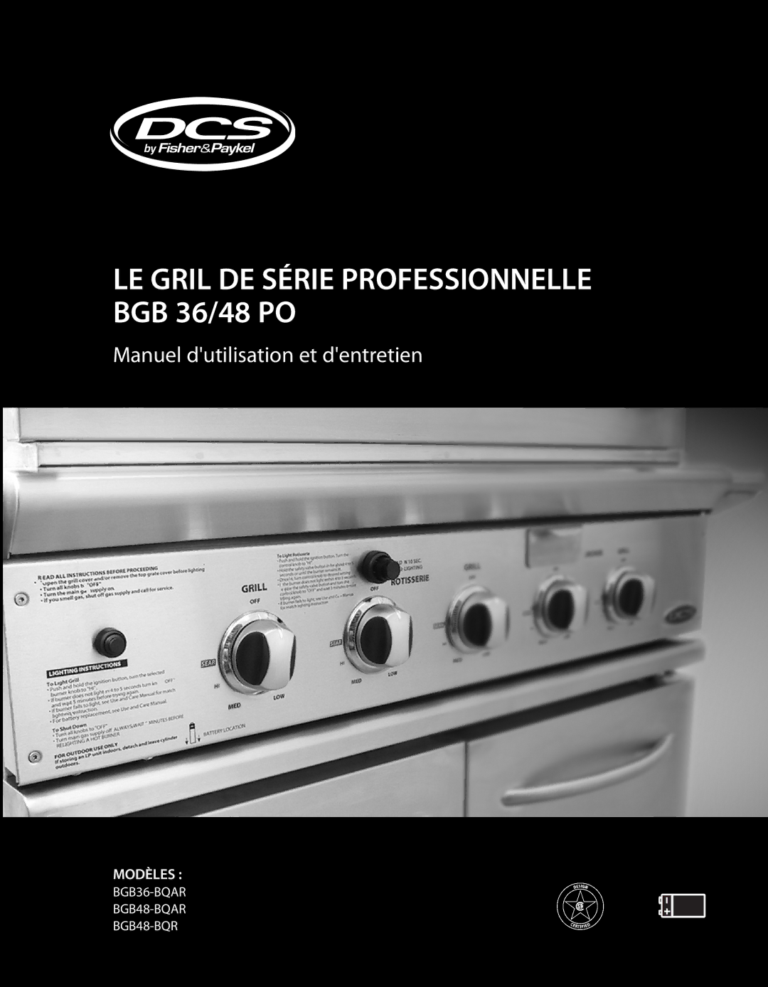 DCS BGB48-BQAR, BGB48-BQR manual LE Gril DE Série Professionnelle BGB 36/48 PO 