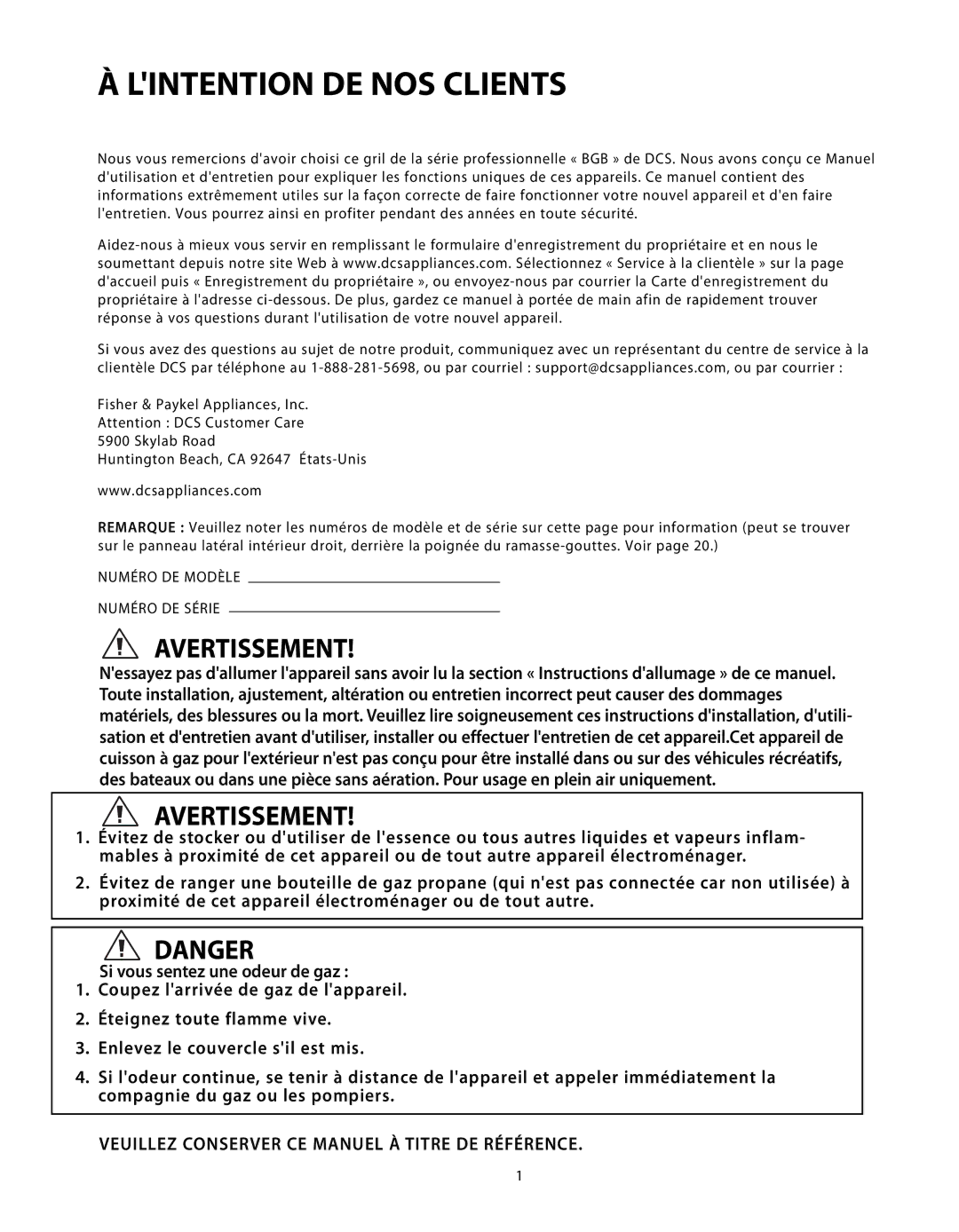 DCS BGB48-BQR, BGB48-BQAR manual Lintention DE NOS Clients, Veuillez Conserver CE Manuel À Titre DE Référence 