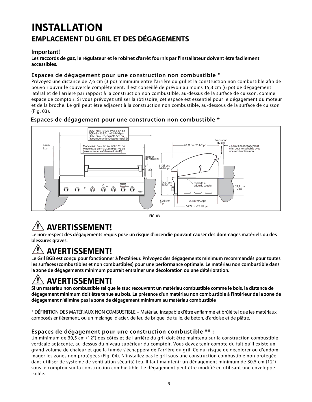 DCS BGB48-BQR, BGB48-BQAR manual Espaces de dégagement pour une construction non combustible 