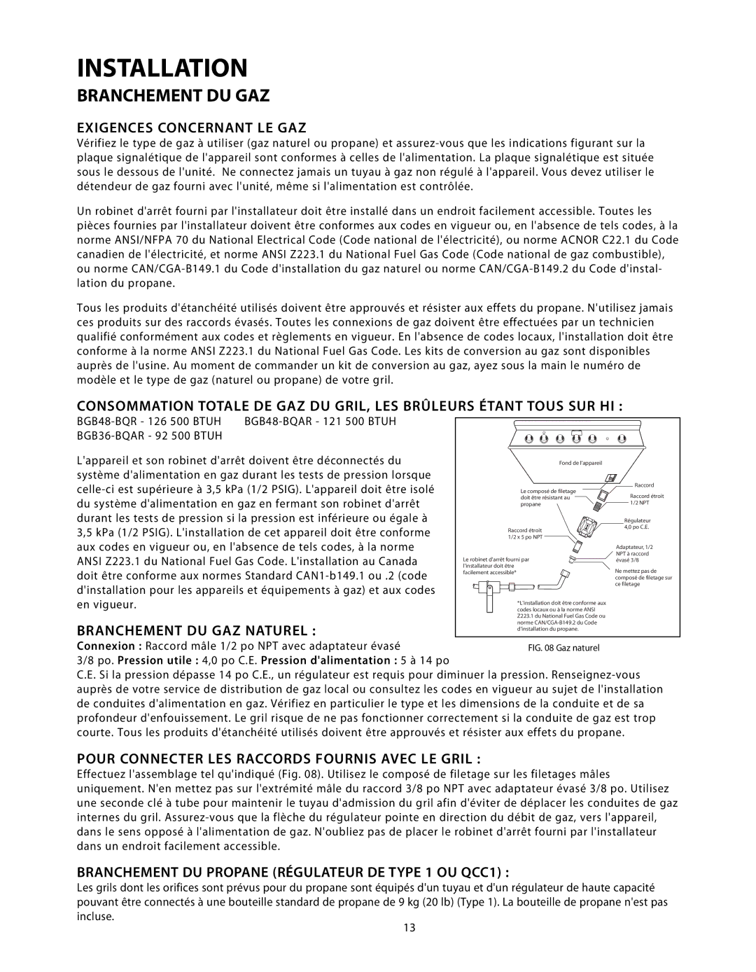 DCS BGB48-BQR, BGB48-BQAR manual Exigences Concernant LE GAZ, Branchement DU GAZ Naturel 