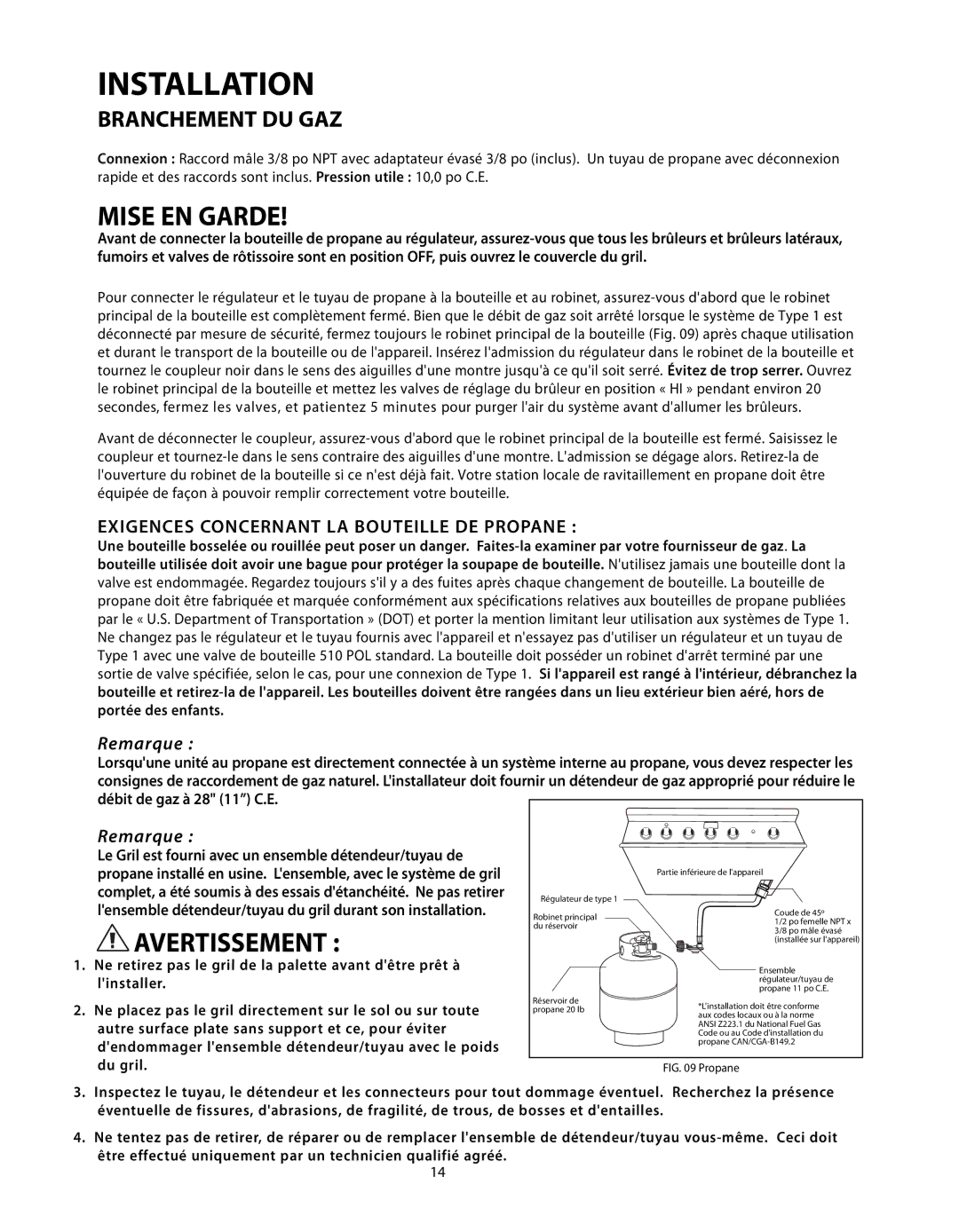 DCS BGB48-BQAR, BGB48-BQR manual Mise EN Garde, Exigences Concernant LA Bouteille DE Propane 