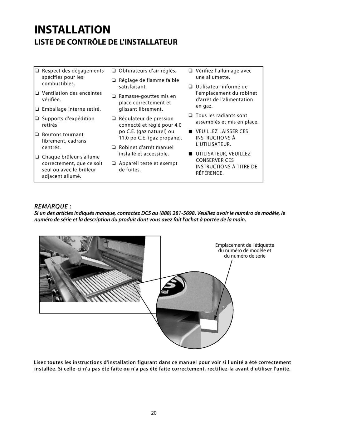 DCS BGB48-BQAR, BGB48-BQR manual Liste DE Contrôle DE Linstallateur, Remarque 