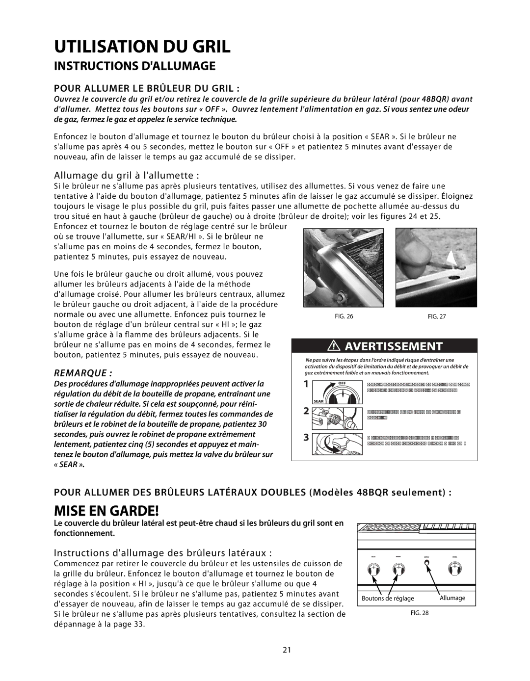 DCS BGB48-BQR Utilisation DU Gril, Instructions Dallumage, Pour Allumer LE Brûleur DU Gril, Allumage du gril à lallumette 