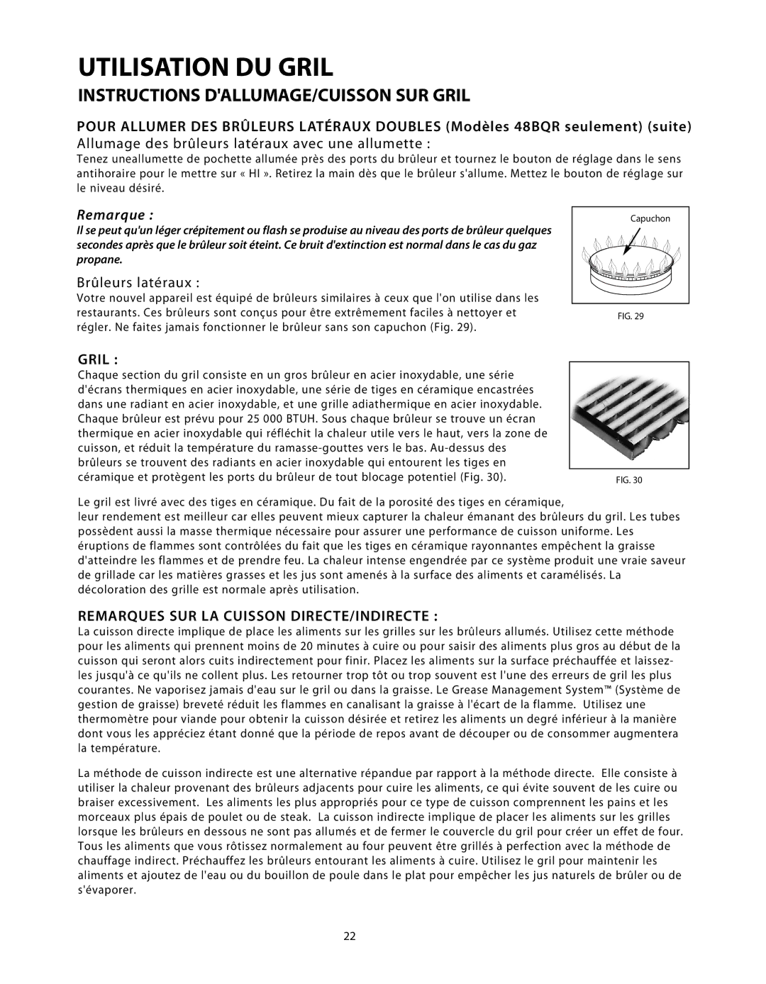 DCS BGB48-BQAR, BGB48-BQR manual Instructions DALLUMAGE/CUISSON SUR Gril, Allumage des brûleurs latéraux avec une allumette 