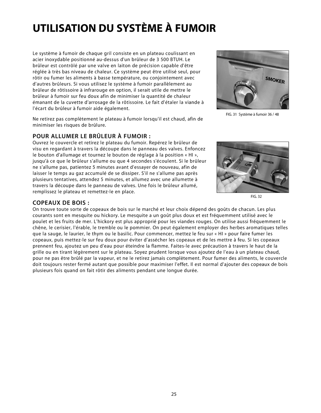 DCS BGB48-BQR, BGB48-BQAR manual Utilisation DU Système À Fumoir, Pour Allumer LE Brûleur À Fumoir, Copeaux DE Bois 