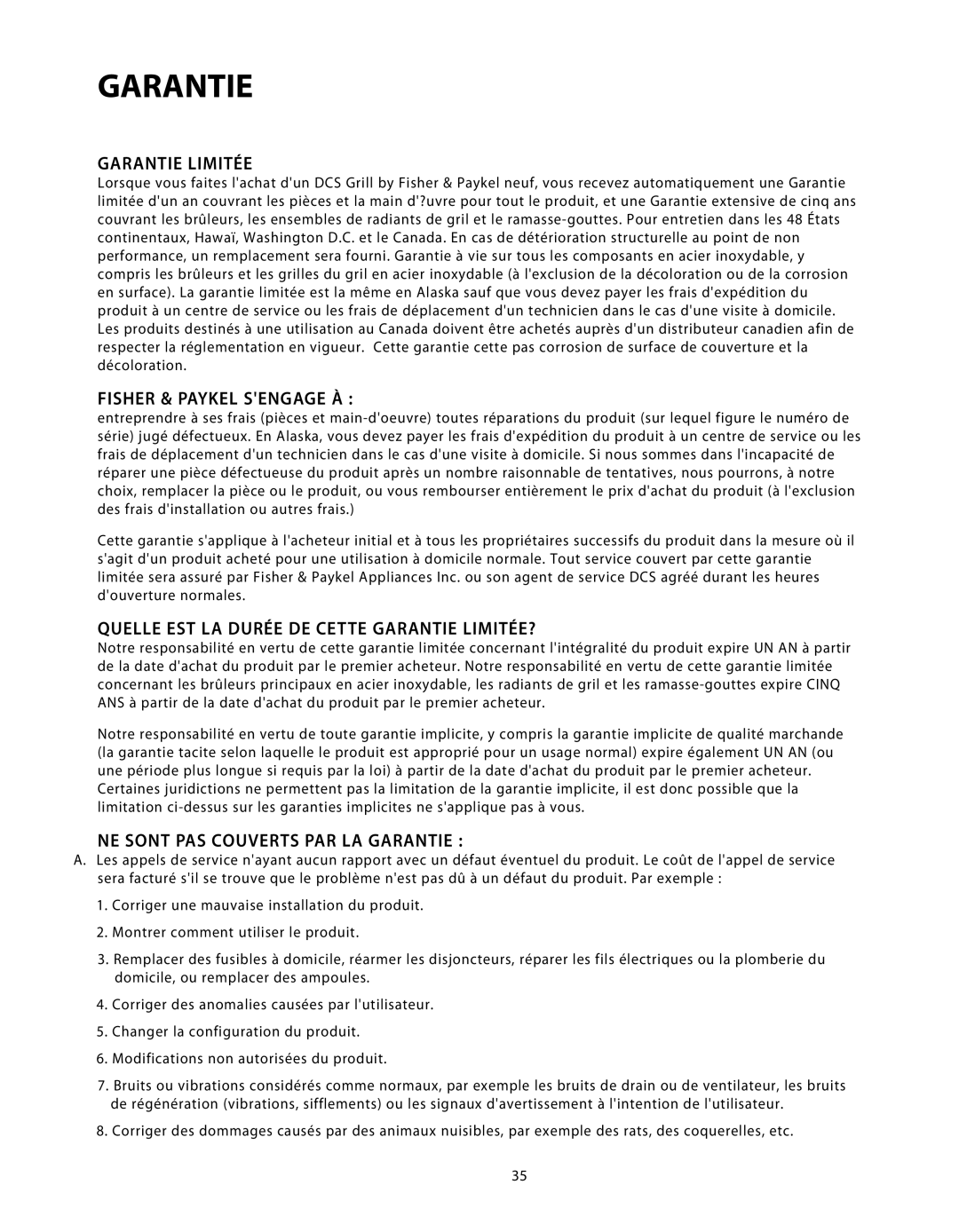 DCS BGB48-BQR, BGB48-BQAR Garantie Limitée, Fisher & Paykel Sengage À, Quelle EST LA Durée DE Cette Garantie LIMITÉE? 