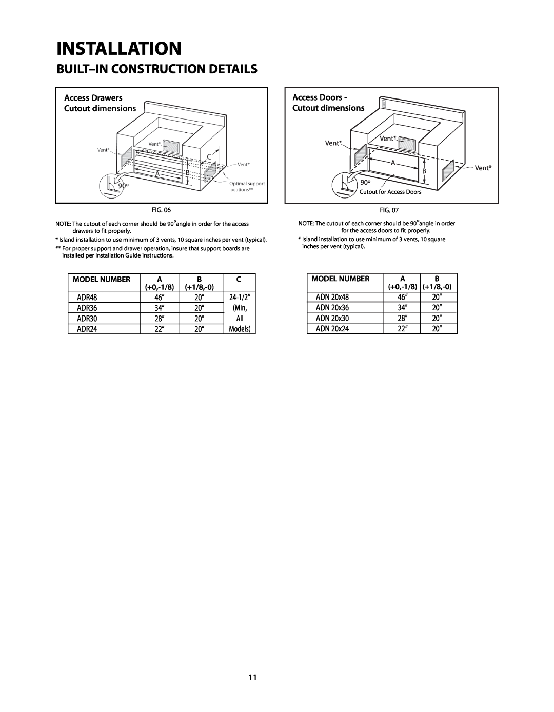 DCS BGB48-BQAR, BGB48-BQR manual Access Drawers Cutout dimensions, Installation, Built-In Construction Details, Models 