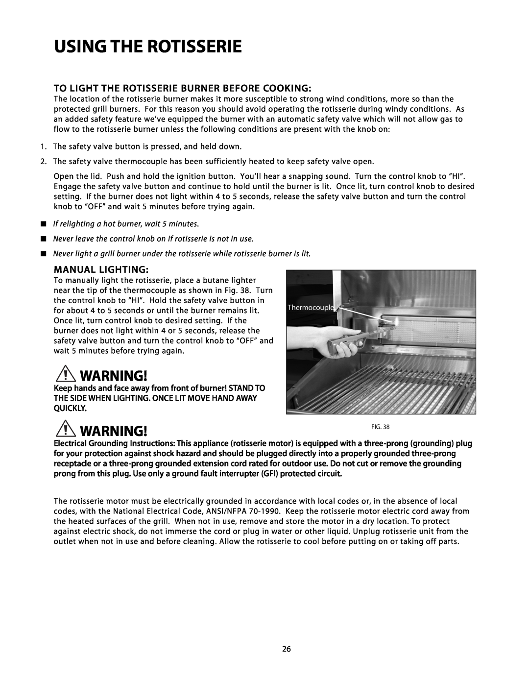 DCS BGB48-BQR manual Warning!Fig, To Light The Rotisserie Burner Before Cooking, Manual Lighting, Using The Rotisserie 