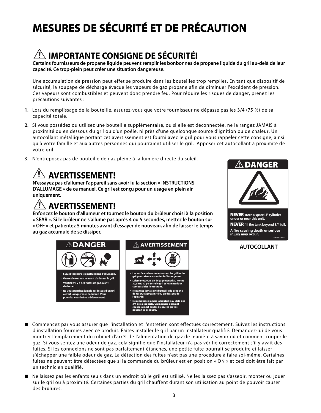DCS BGB48-BQR manual Mesures De Sécurité Et De Précaution, Importante Consigne De Sécurité, Autocollant, Avertissement 