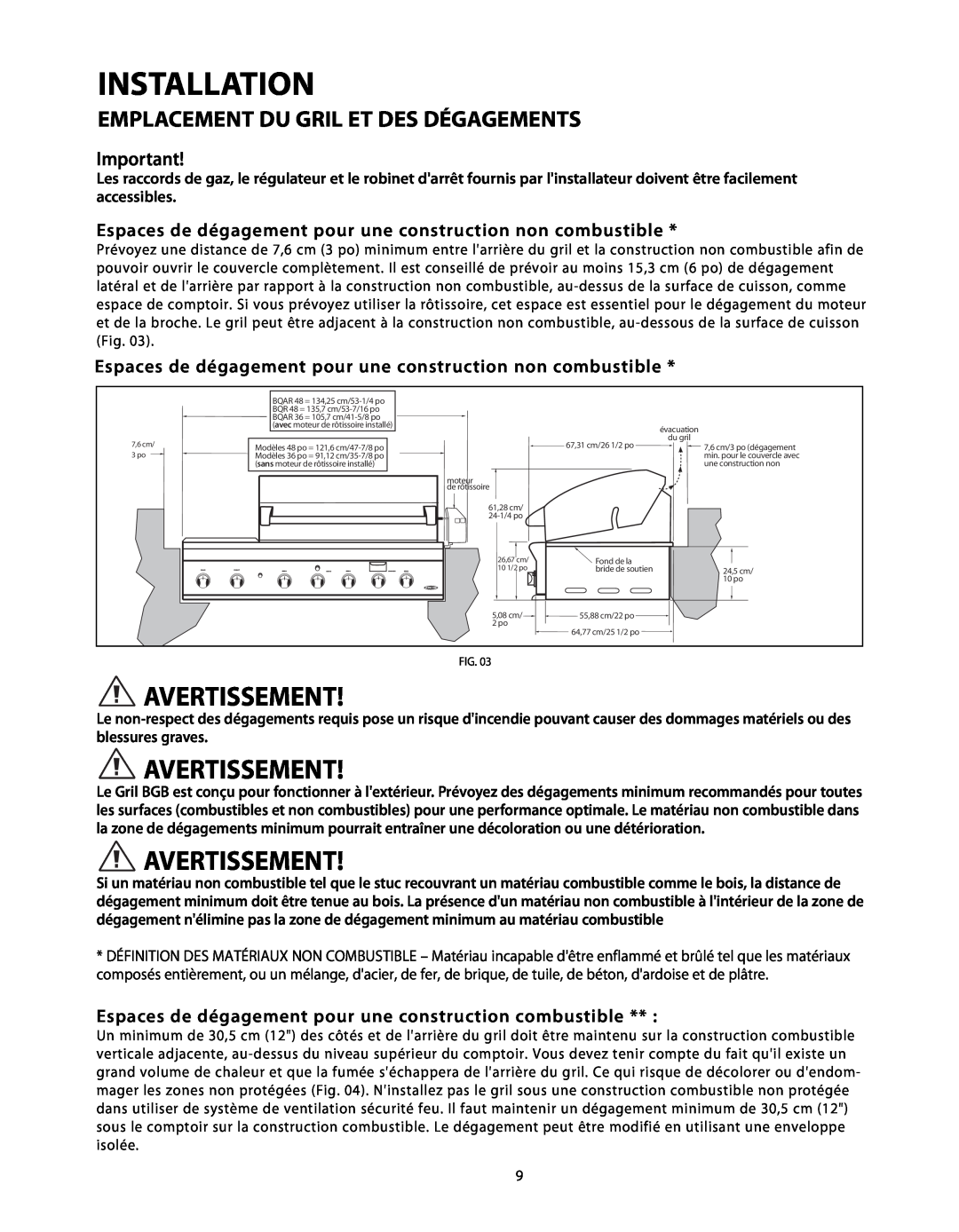 DCS BGB48-BQR, BGB48-BQAR manual Espaces de dégagement pour une construction non combustible, Installation, Avertissement 