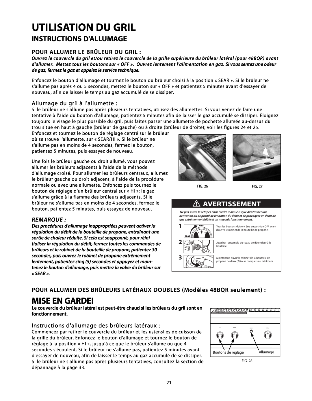 DCS BGB48-BQR Utilisation Du Gril, Instructions Dallumage, Pour Allumer Le Brûleur Du Gril, Allumage du gril à lallumette 