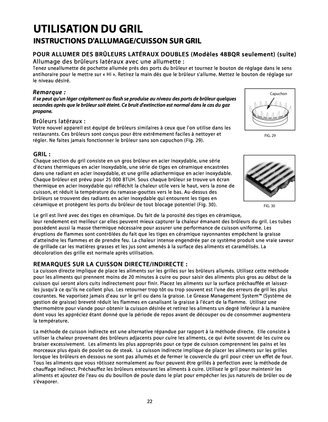 DCS BGB48-BQAR manual Instructions Dallumage/Cuisson Sur Gril, Allumage des brûleurs latéraux avec une allumette, Remarque 