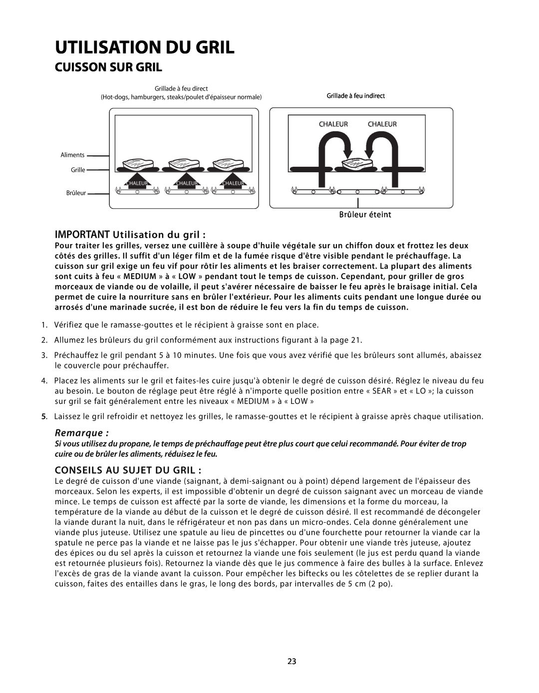 DCS BGB48-BQR Cuisson Sur Gril, IMPORTANT Utilisation du gril, Conseils Au Sujet Du Gril, Utilisation Du Gril, Remarque 