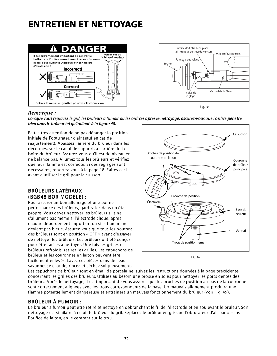 DCS BGB48-BQAR, BGB48-BQR manual Brûleurs Latéraux, BGB48 BQR MODELE, Brûleur À Fumoir, Entretien Et Nettoyage, Remarque 