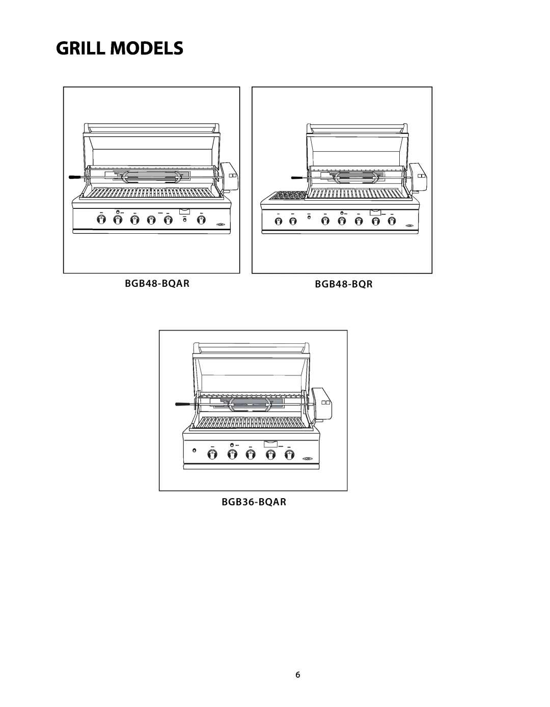 DCS BGB48-BQR manual Grill Models, BGB48-BQAR, BGB36-BQAR 