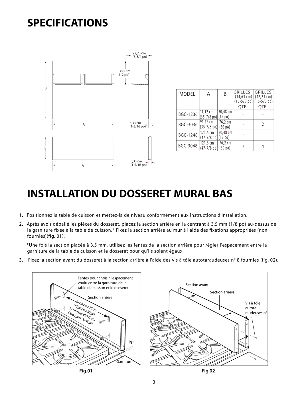 DCS BGC-3048, BGC-1236, BGC-3036, BGC-1248 manual Specifications, Installation DU Dosseret Mural BAS 