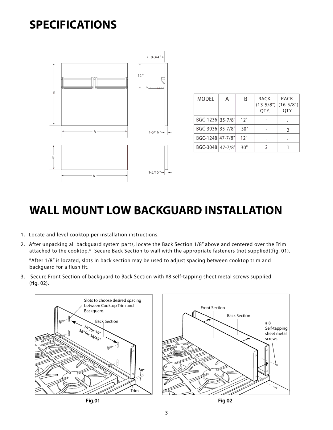 DCS BGC-1236, BGC-3048, BGC-3036, BGC-1248 manual Specifications, Wall Mount LOW Backguard Installation 